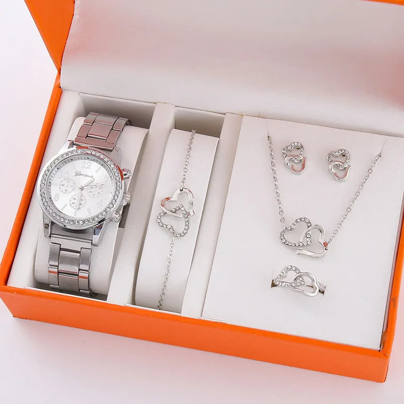 "Women's Luxury Rhinestone Watch & Bracelet Set – 5-Piece Elegant Quartz Wristwatch Gift Collection