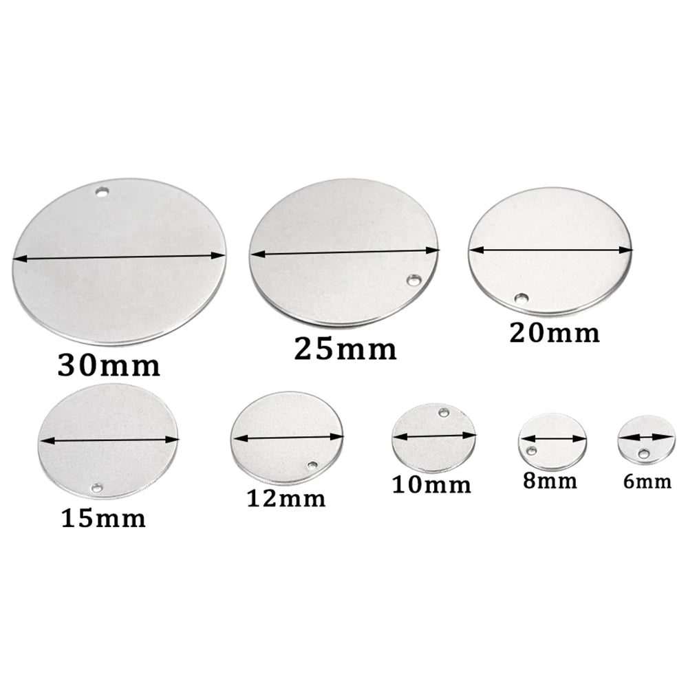 10–50pcs Stainless Steel Round Blank Charms – 6–30mm Dog Tag Pendants for DIY Jewelry