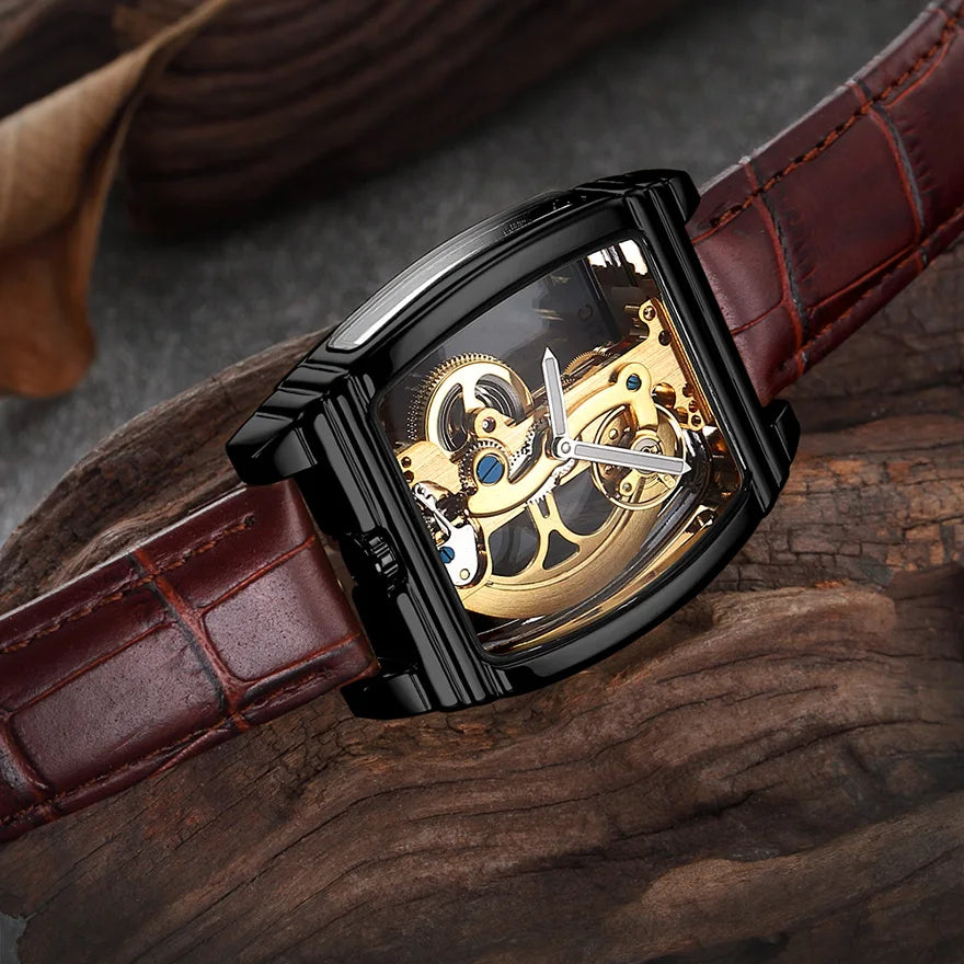 Transparent Automatic Mechanical Watch Men Steampunk Skeleton Luxury Gear Self Winding Leather Mens Clock Watches Montre Homme