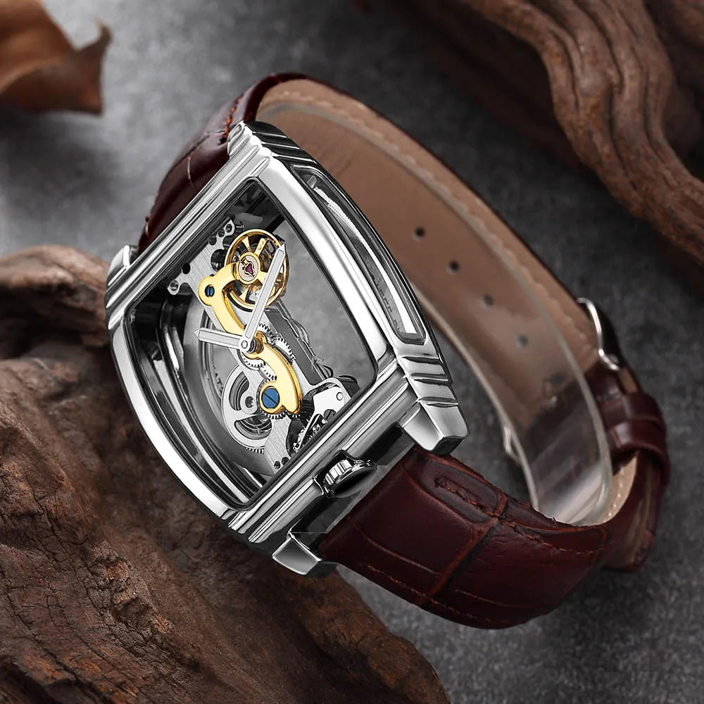 Transparent Automatic Mechanical Watch Men Steampunk Skeleton Luxury Gear Self Winding Leather Mens Clock Watches Montre Homme