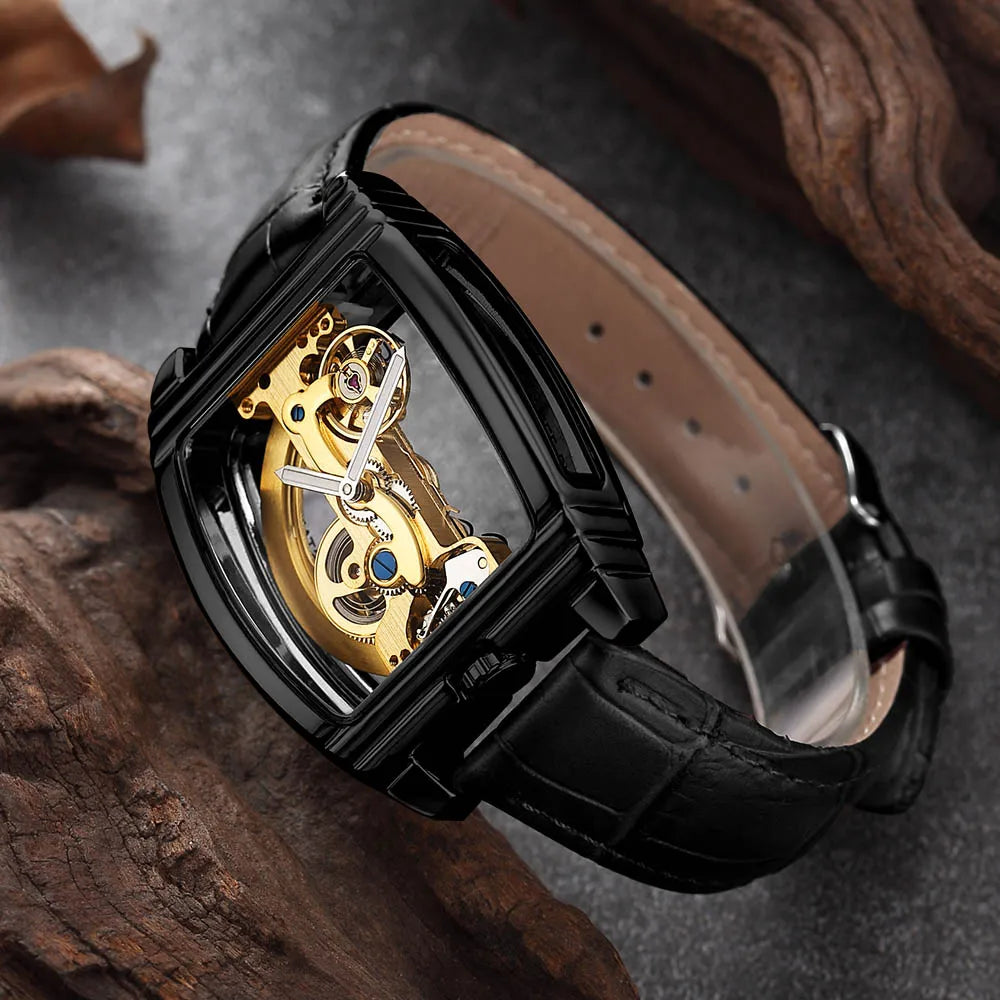 Transparent Automatic Mechanical Watch Men Steampunk Skeleton Luxury Gear Self Winding Leather Mens Clock Watches Montre Homme