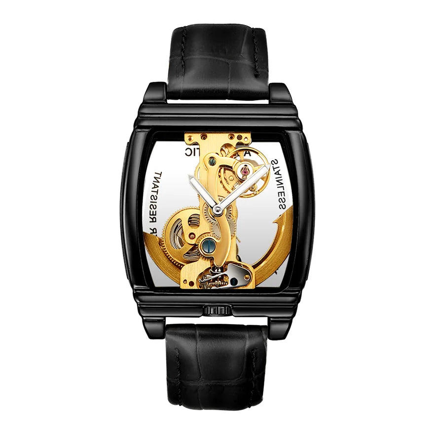 Transparent Automatic Mechanical Watch Men Steampunk Skeleton Luxury Gear Self Winding Leather Mens Clock Watches Montre Homme