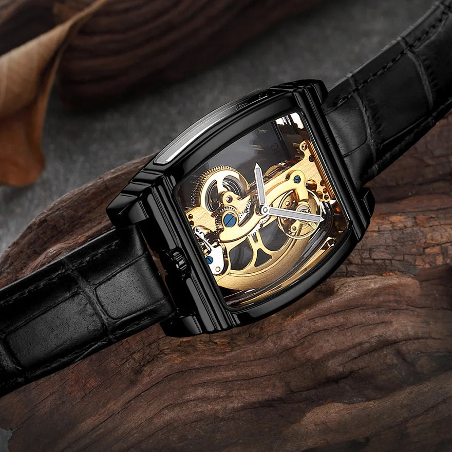 Transparent Automatic Mechanical Watch Men Steampunk Skeleton Luxury Gear Self Winding Leather Mens Clock Watches Montre Homme