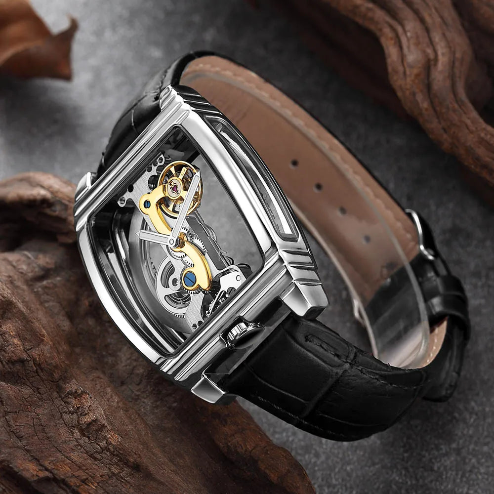 Transparent Automatic Mechanical Watch Men Steampunk Skeleton Luxury Gear Self Winding Leather Mens Clock Watches Montre Homme