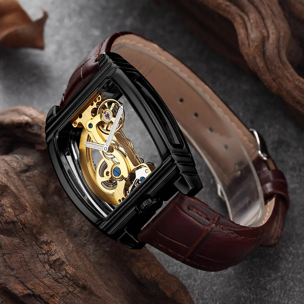 Transparent Automatic Mechanical Watch Men Steampunk Skeleton Luxury Gear Self Winding Leather Mens Clock Watches Montre Homme