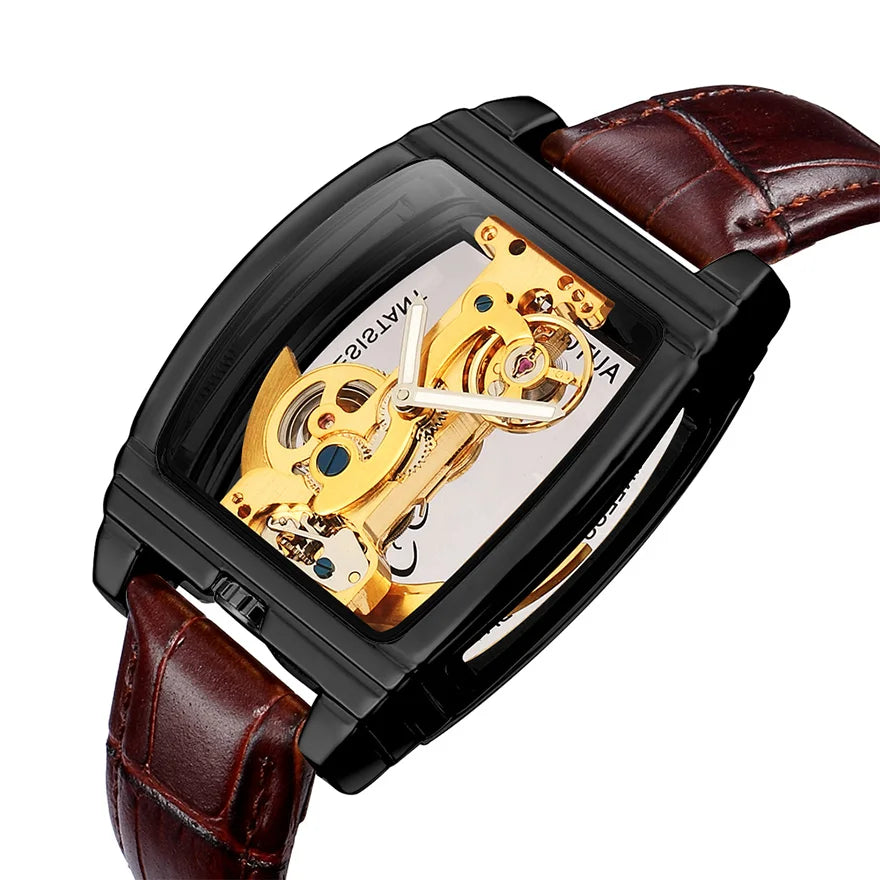 Transparent Automatic Mechanical Watch Men Steampunk Skeleton Luxury Gear Self Winding Leather Mens Clock Watches Montre Homme