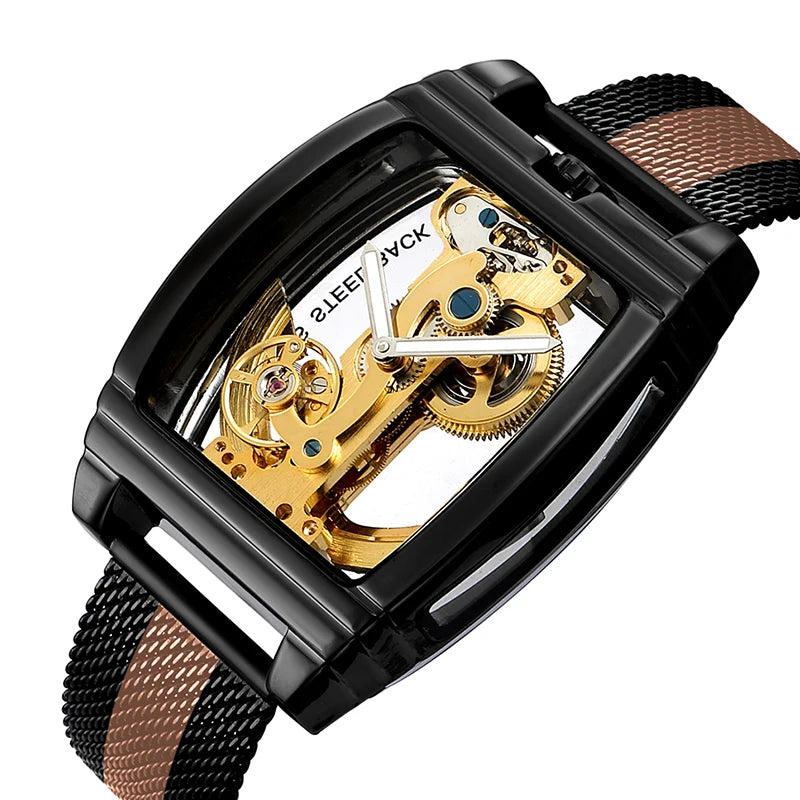Transparent Automatic Mechanical Watch Men Steampunk Skeleton Luxury Gear Self Winding Leather Mens Clock Watches Montre Homme