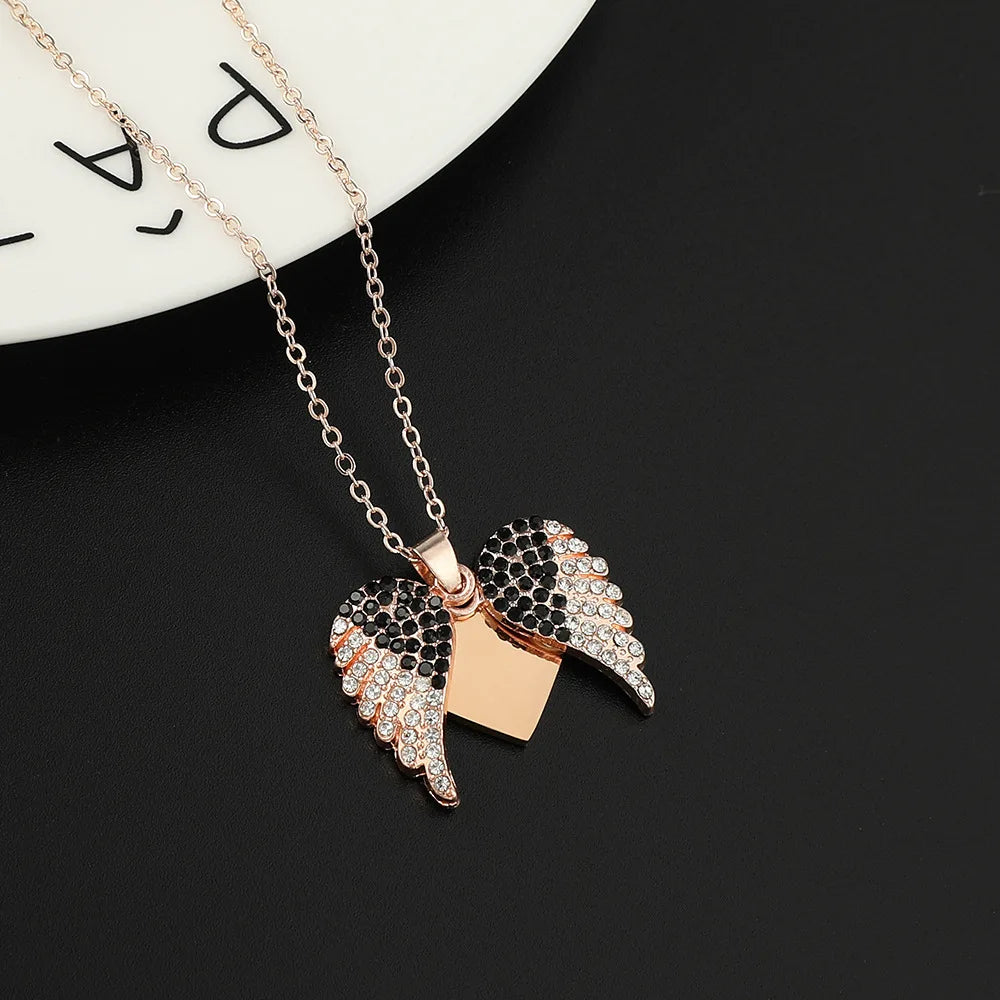 DY Custom Angel Wings Pendant Necklace – Openable Personalized Name with Black Zirconia
