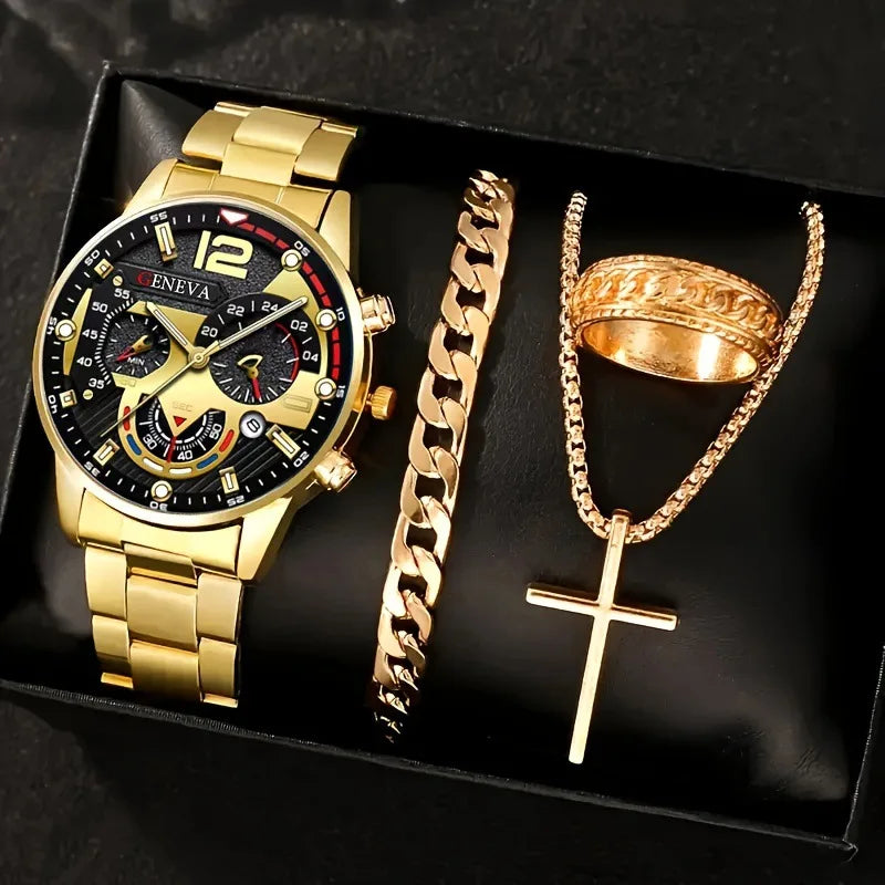 4PCS Fashion Men's Watches Stainless Steel Band Analog Quartz Watch Date Watches Jewelry Set Reloj Hombre（Without Box）