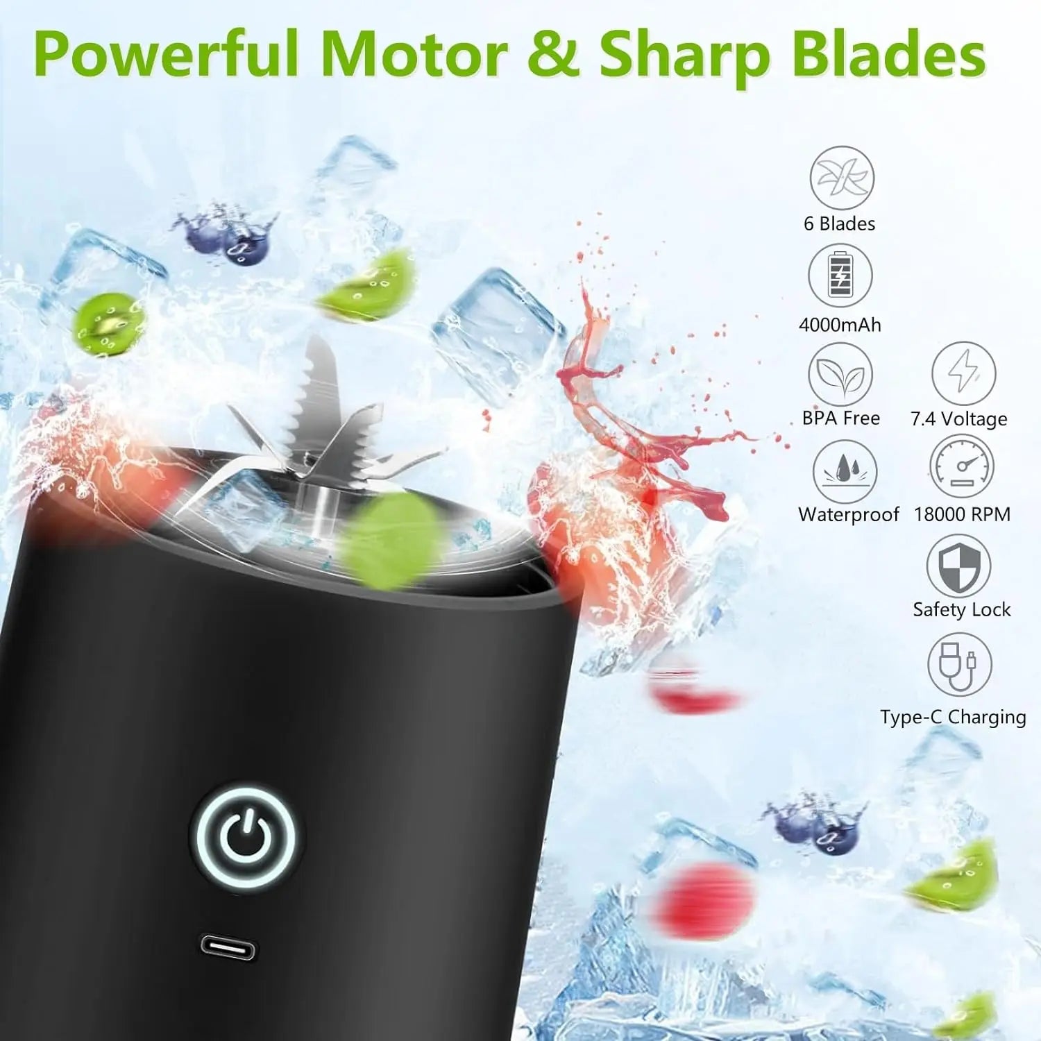 Portable Cordless Blender – 18oz USB-C Rechargeable Smoothie Maker with Leakproof Lid & BPA-Free Cup