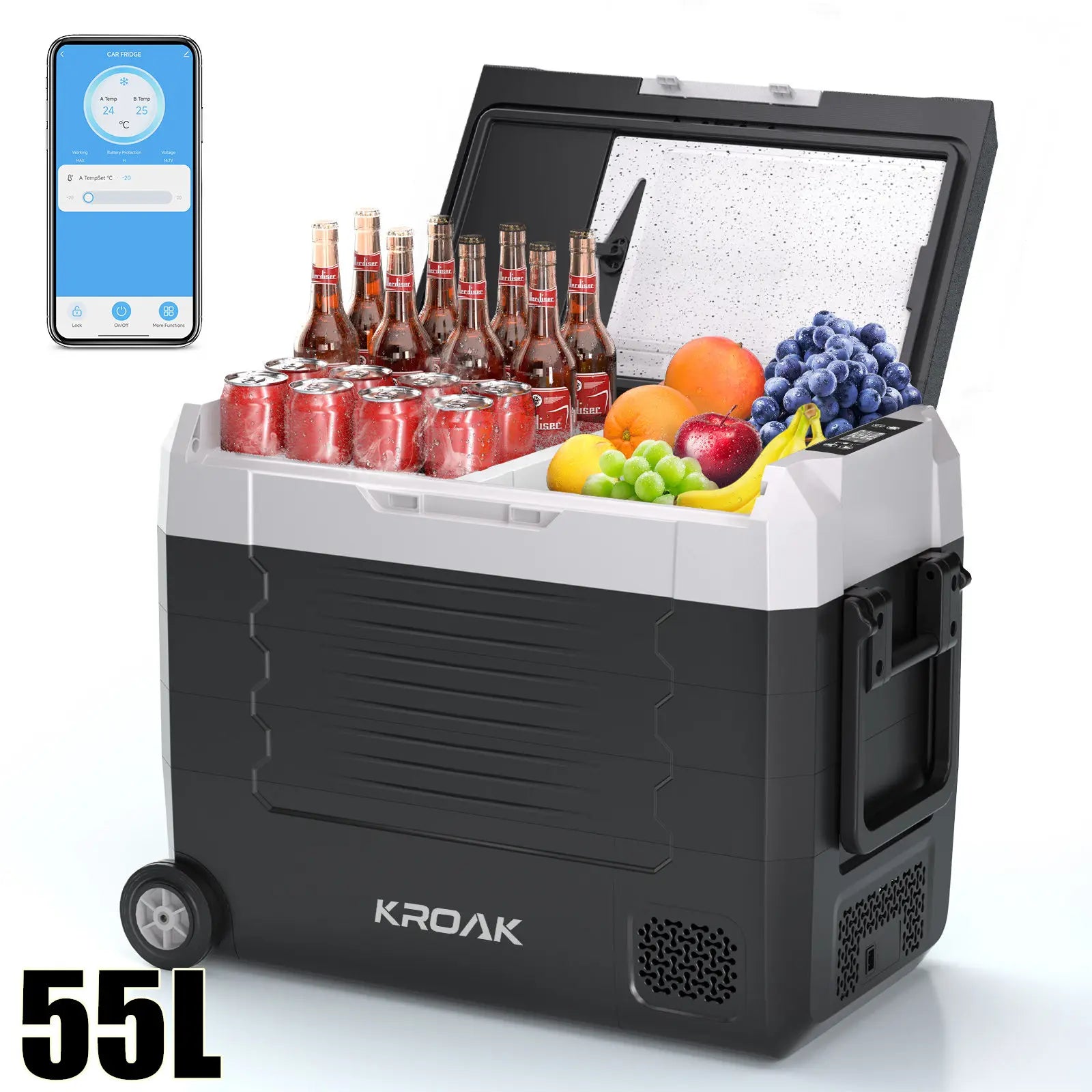 KROAK Dual Zone Portable Car Fridge 35L/45L/55L with Bluetooth & Wheels