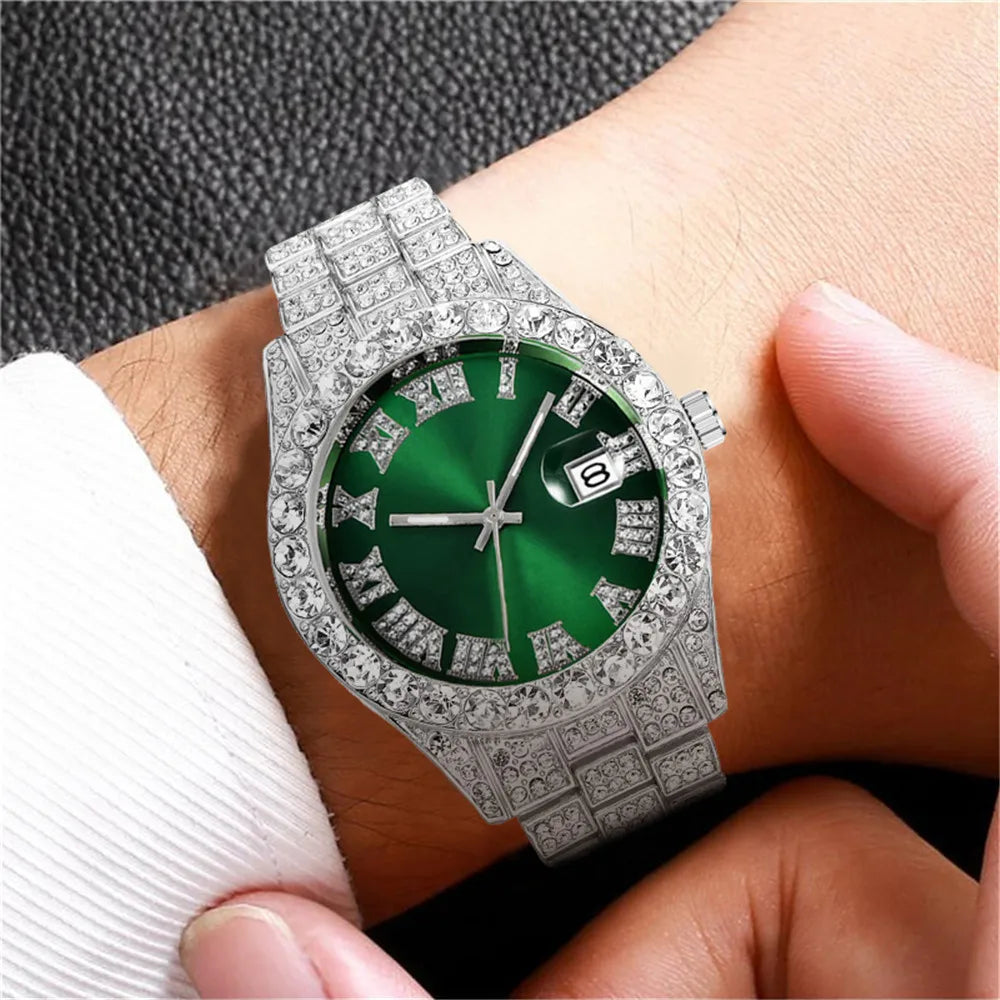 2025 Luxury Iced Out Men's Diamond Watch – Quartz Calendar