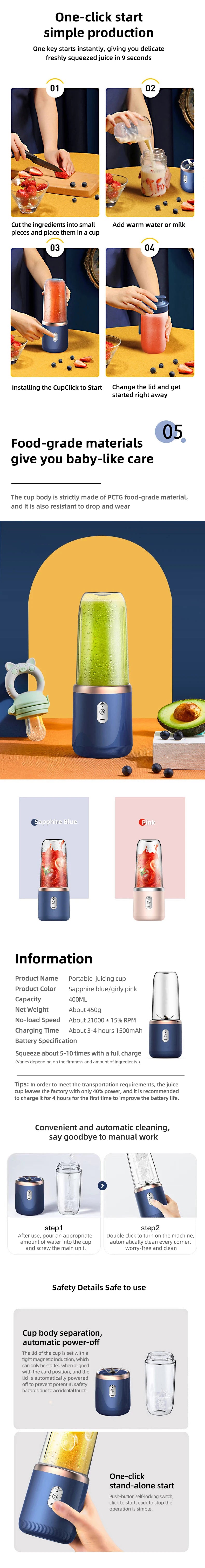 Portable Electric Blender Bottle – 6-Blade Smoothie Maker & Ice-Crushing Juice Cup
