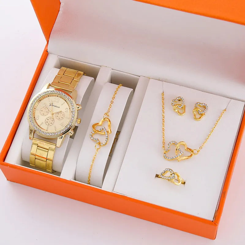 "Women's Luxury Rhinestone Watch & Bracelet Set – 5-Piece Elegant Quartz Wristwatch Gift Collection