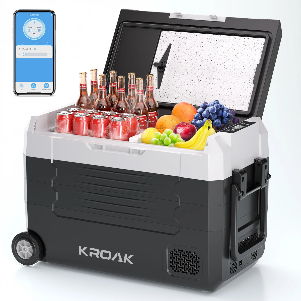 KROAK Dual Zone Portable Car Fridge 35L/45L/55L with Bluetooth & Wheels