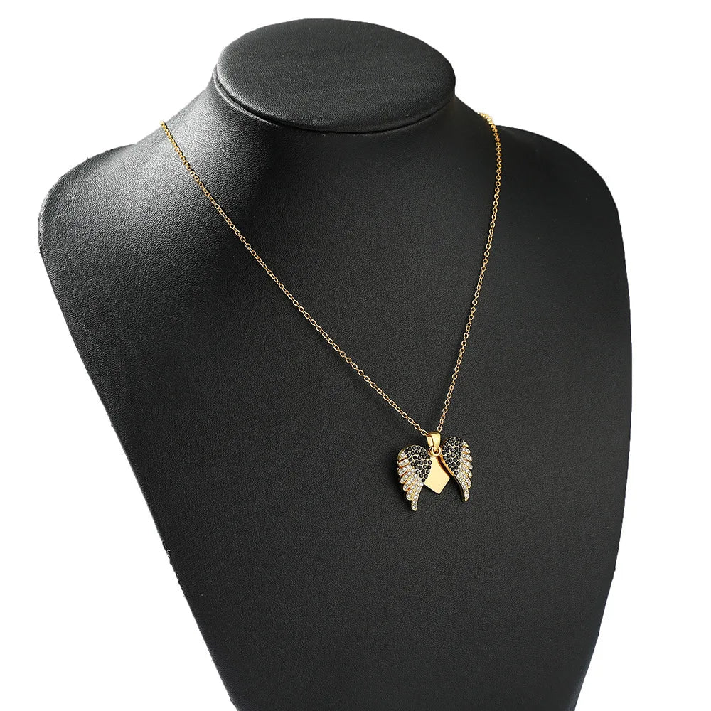 DY Custom Angel Wings Pendant Necklace – Openable Personalized Name with Black Zirconia