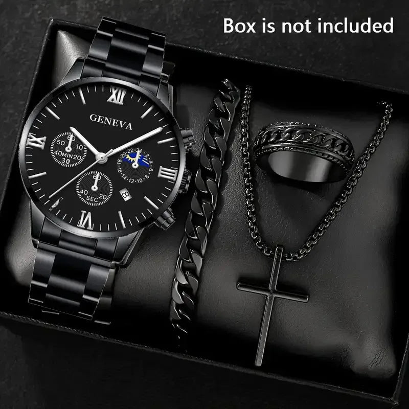 4PCS Fashion Men's Watches Stainless Steel Band Analog Quartz Watch Date Watches Jewelry Set Reloj Hombre（Without Box）