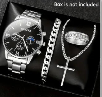 4PCS Fashion Men's Watches Stainless Steel Band Analog Quartz Watch Date Watches Jewelry Set Reloj Hombre（Without Box）
