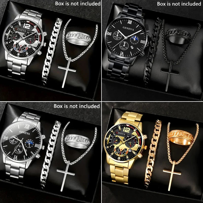 4PCS Fashion Men's Watches Stainless Steel Band Analog Quartz Watch Date Watches Jewelry Set Reloj Hombre（Without Box）
