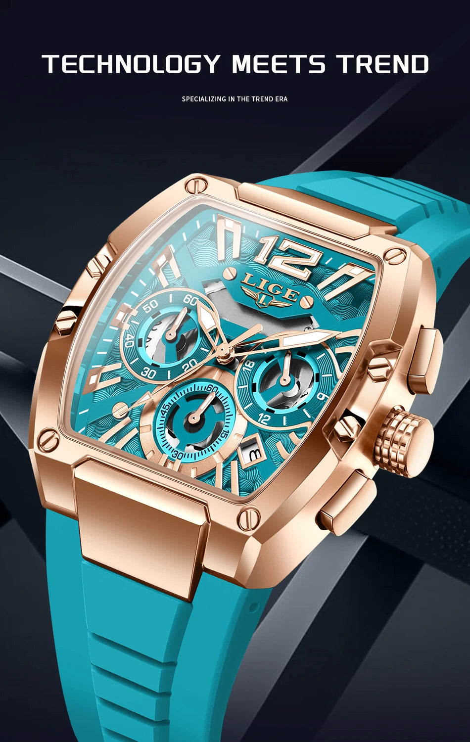 LIGE Men's Quartz Sports Watch – Waterproof, Luminous Dial, Silicone Strap, Outdoor Casual Style