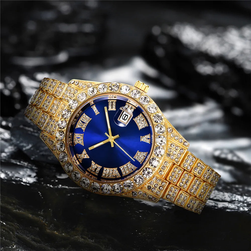 2025 Luxury Iced Out Men's Diamond Watch – Quartz Calendar