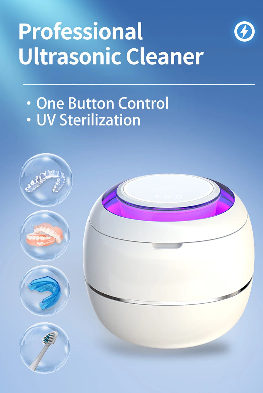Mini UV Ultrasonic Cleaner for Retainers, Dentures & Jewelry