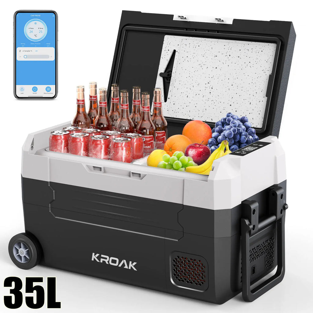 KROAK Dual Zone Portable Car Fridge 35L/45L/55L with Bluetooth & Wheels