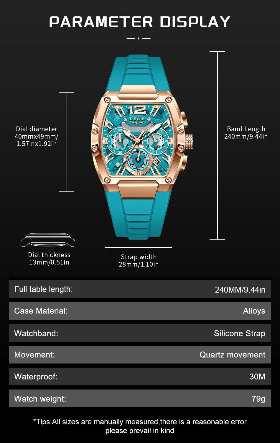 LIGE Men's Quartz Sports Watch – Waterproof, Luminous Dial, Silicone Strap, Outdoor Casual Style
