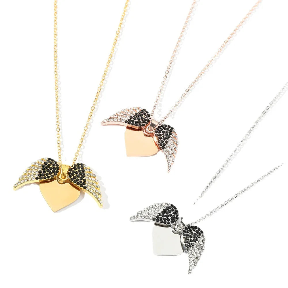 DY Custom Angel Wings Pendant Necklace – Openable Personalized Name with Black Zirconia