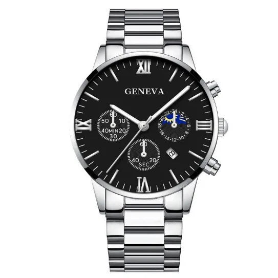 4PCS Fashion Men's Watches Stainless Steel Band Analog Quartz Watch Date Watches Jewelry Set Reloj Hombre（Without Box）