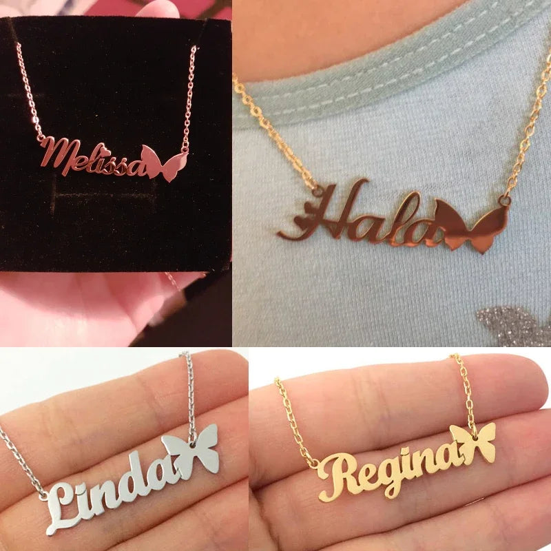 Custom Personalized Name Necklace with Butterfly Pendant – Choker for Women & Girls