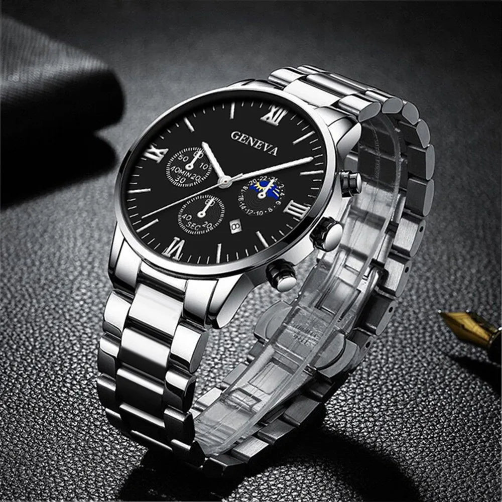 4PCS Fashion Men's Watches Stainless Steel Band Analog Quartz Watch Date Watches Jewelry Set Reloj Hombre（Without Box）