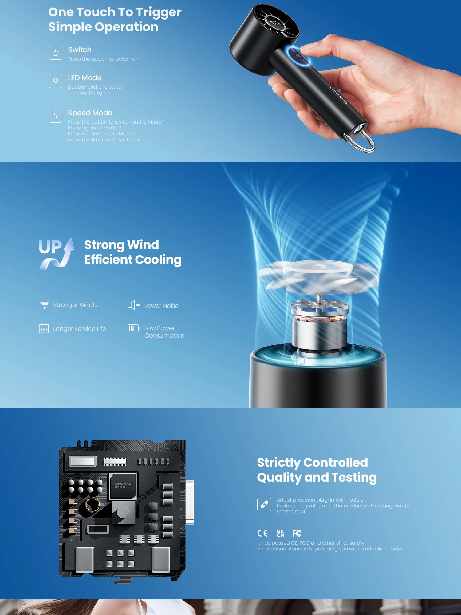 Handheld Portable Mini Fan – 3-Speed USB Rechargeable with LED Display & Built-in Flashlight