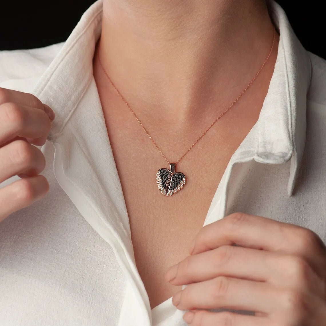 DY Custom Angel Wings Pendant Necklace – Openable Personalized Name with Black Zirconia