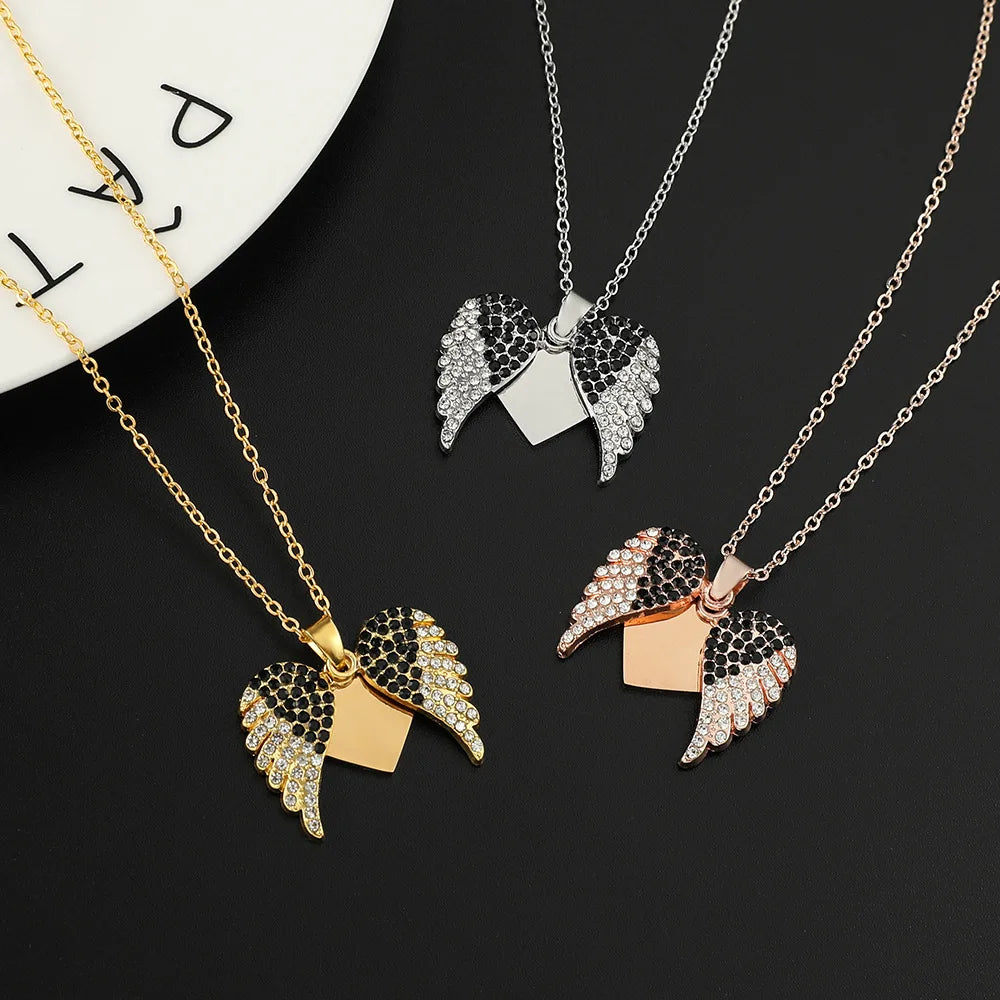 DY Custom Angel Wings Pendant Necklace – Openable Personalized Name with Black Zirconia