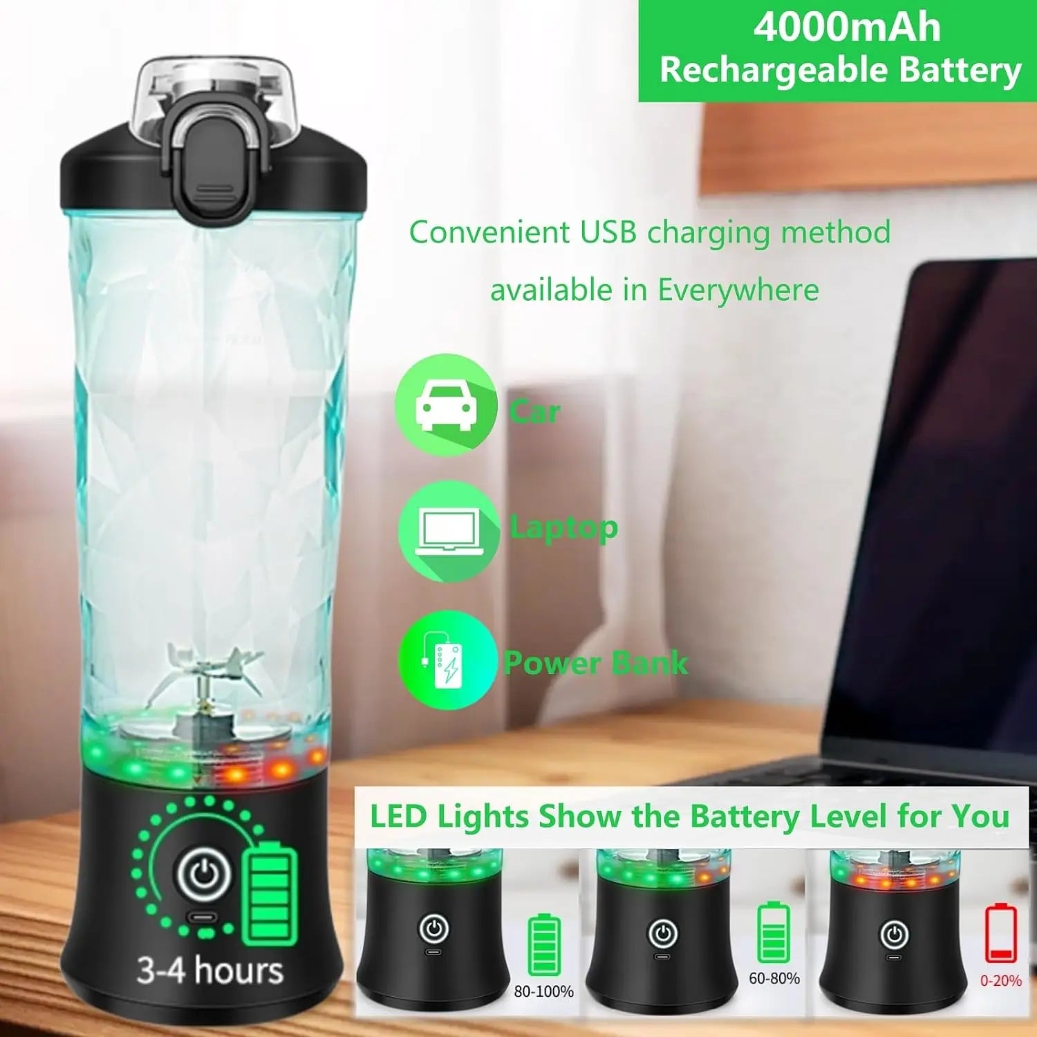 Portable Cordless Blender – 18oz USB-C Rechargeable Smoothie Maker with Leakproof Lid & BPA-Free Cup