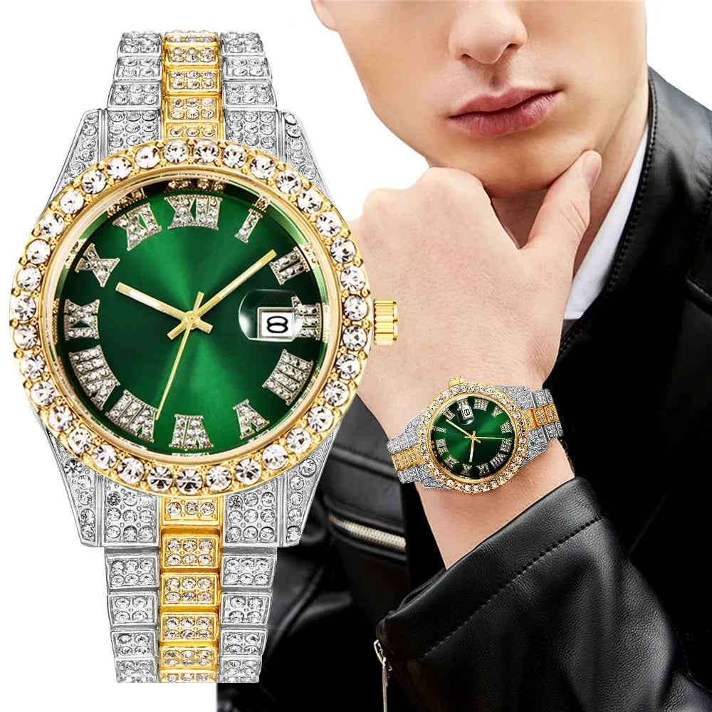 2025 Luxury Iced Out Men's Diamond Watch – Quartz Calendar
