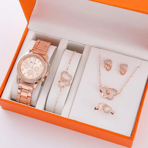 "Women's Luxury Rhinestone Watch & Bracelet Set – 5-Piece Elegant Quartz Wristwatch Gift Collection