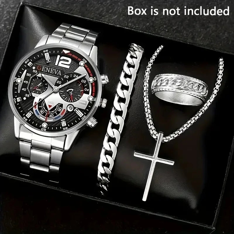 4PCS Fashion Men's Watches Stainless Steel Band Analog Quartz Watch Date Watches Jewelry Set Reloj Hombre（Without Box）