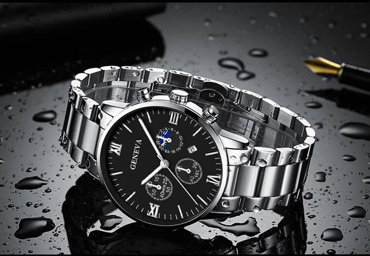 4PCS Fashion Men's Watches Stainless Steel Band Analog Quartz Watch Date Watches Jewelry Set Reloj Hombre（Without Box）