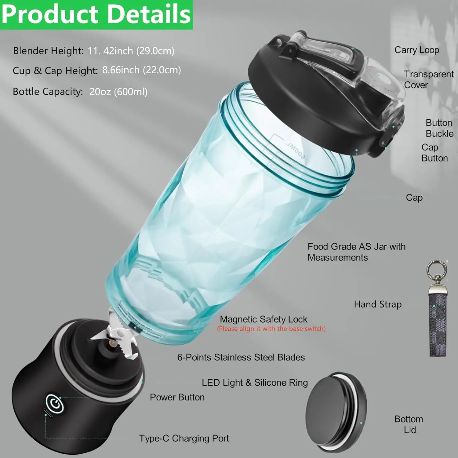Portable Cordless Blender – 18oz USB-C Rechargeable Smoothie Maker with Leakproof Lid & BPA-Free Cup