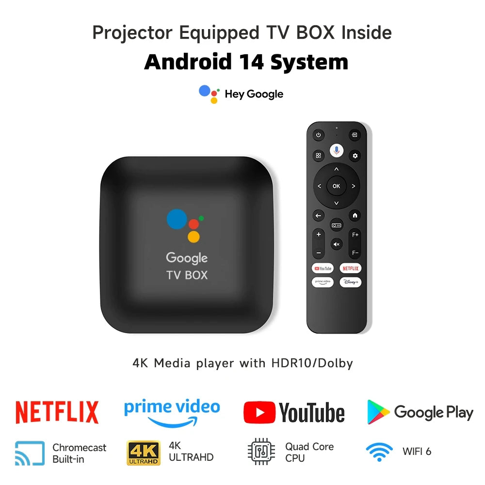 Android 14 Box 4K UHD Portable Projector – Smart Google TV with Netflix License