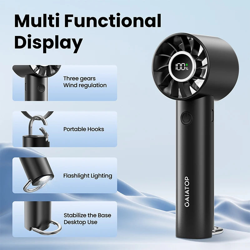 Handheld Portable Mini Fan – 3-Speed USB Rechargeable with LED Display & Built-in Flashlight